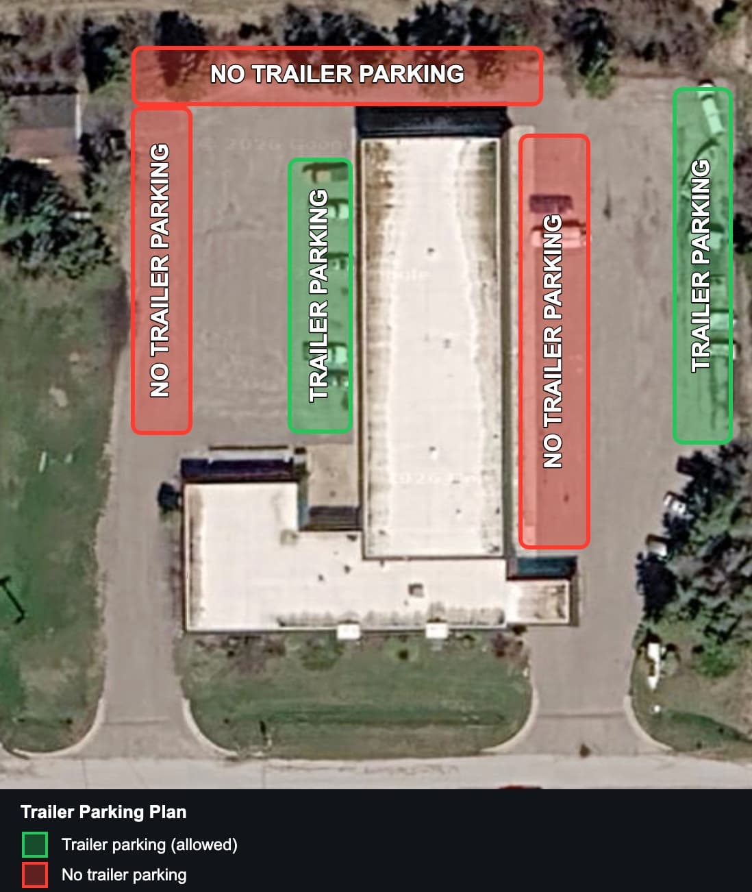 Cedarville Hotel trailer parking map — green zones for trailers, red zones no-trailer